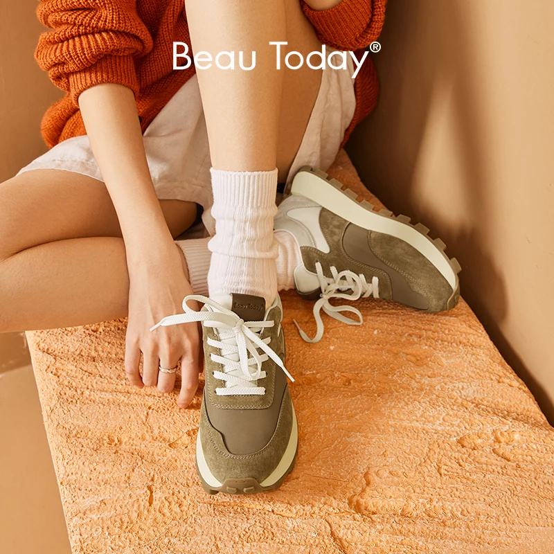 

BeauToday/женские кроссовки с вафельными вставками; Разноцветные туфли на платформе со шнуровкой и круглым носком; Женская замшевая обувь ручной работы на плоской подошве; B29199