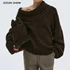 Winter Coffee Rib Knitting Ruched Slash Shoulder Pullover Sweater Women Full Sleeve Loose Thick Knitwear Oversized Jumper Beige 1