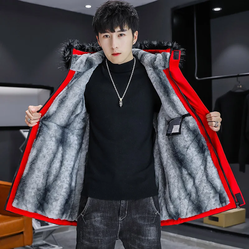 Autumn Winter Men's Plush Windbreaker Parka Youth Outwear Mid-Length Warm Fleece Jackets Detachable Fur Collar Thicken Coat