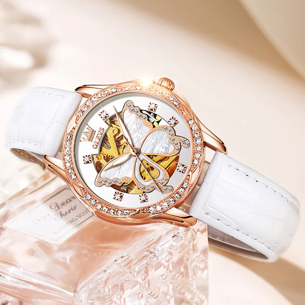 OLEVS Watch for Women Ceramic Strap Waterproof Luminous Diamond Skeleton Tourbillon Dial Women's Automatic Mechanical Wristwatch