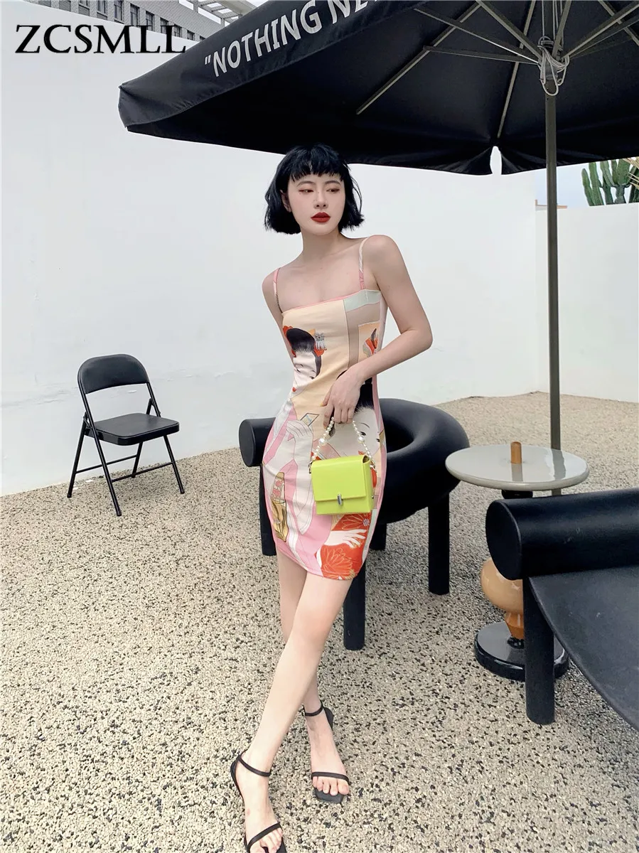 

ZCSMLL Ukiyoe Vintage Bodycon Backless Slip Dress For Women 2022 Sundress Pink Designer Mini Dress Japanese Fashion