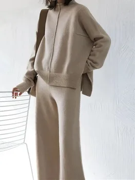 Women's Beige Oversized Knit Two-Piece Set with Half-Zip Sweater And Wide-Leg Pants Casual Loungewear 1