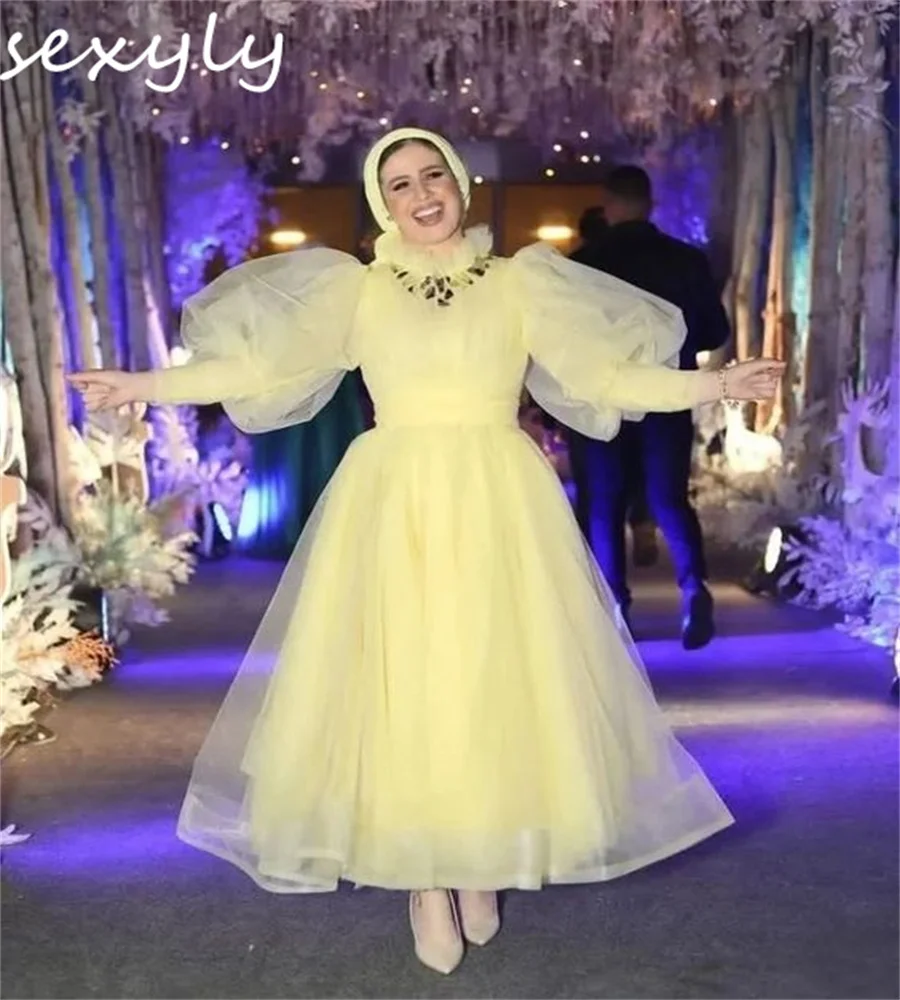 

Fairy Daffodil Muslim Evening Dress 2024 Elegant Long Sleeve Islamic Abaya Prom Dresses Rhinestone Crystal Formal Occasion Party