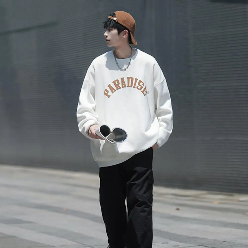 Description Picture 5 of itemCasual Loose Fit Sweatshirt Streetwear Men's Letter Print Sweatshirt with Crew Neck Elastic Cuff Soft Thick Warm for Fall