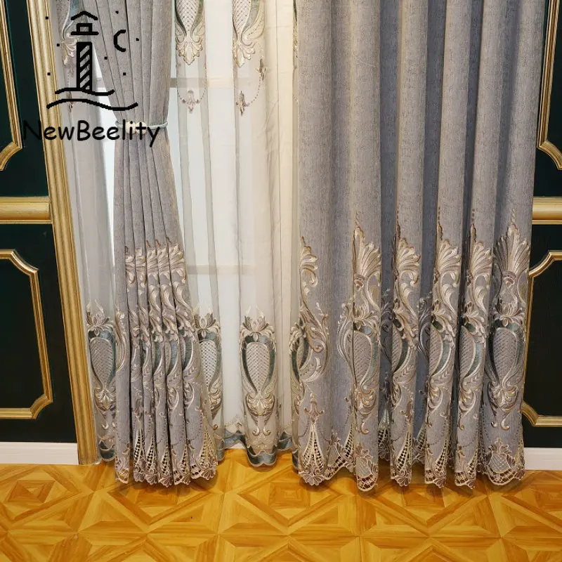 Cortinas bordadas huecas de lujo para sala de estar, comedor, dormitorio, ventana, Blackout, chenilla, cortinas personalizadas, gris, azul