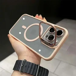 Luxury Magnetic Shockproof Phone Case with Magsafe Stand and Glass Lens Protector Cover for iPhone 14 (Pink)