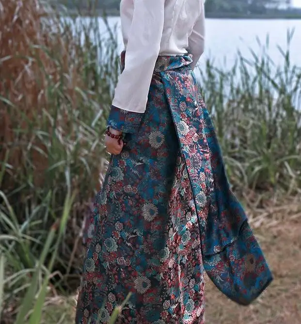 

Китайская тибетская Женская юбка, Весенняя традиционная синяя Этническая юбка