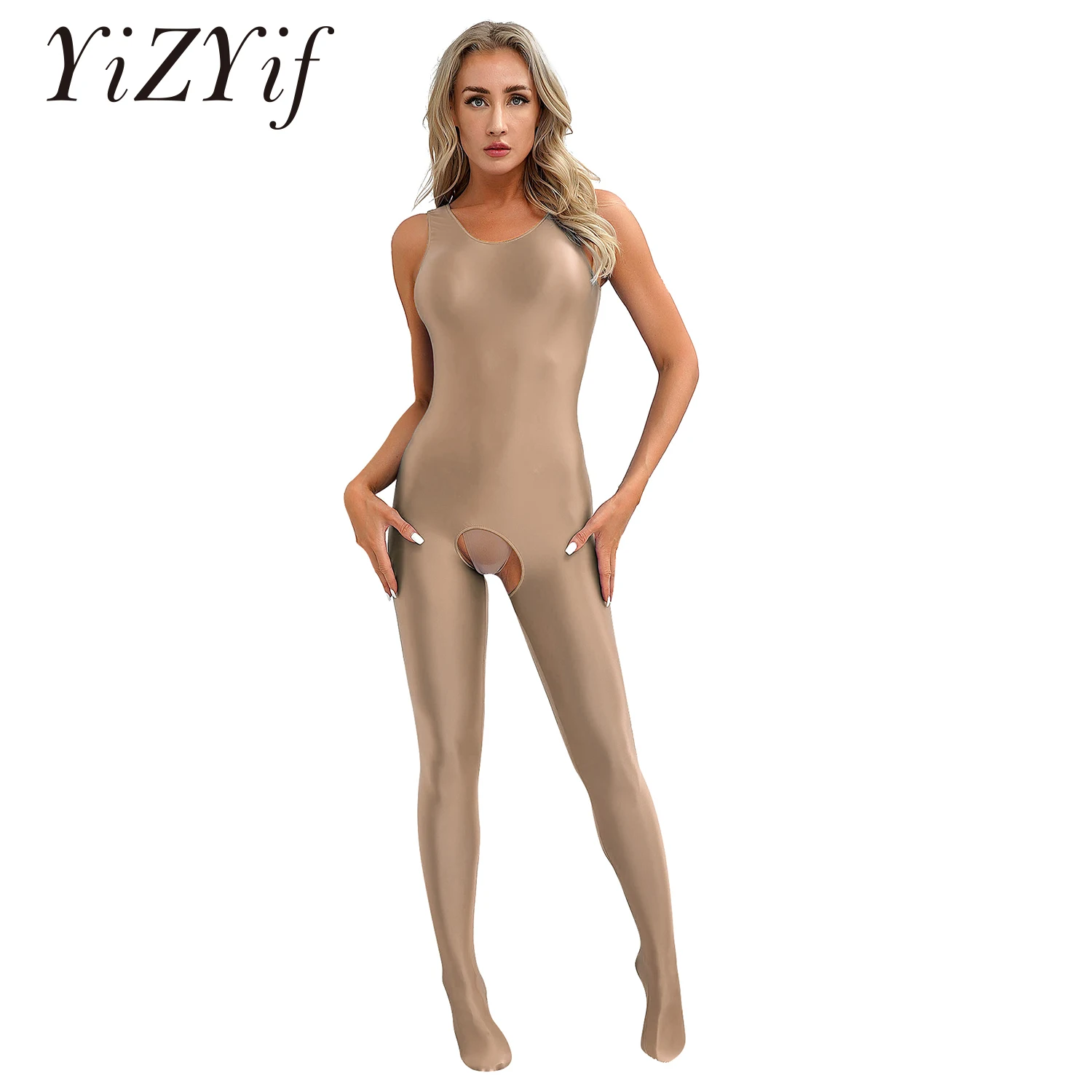 

Oily Shiny Full Body Open Crotch Bodysuit Sleeveless One-piece Tights Smooth Footed Jumpsuits Glossy Stretchy Solid Unitards