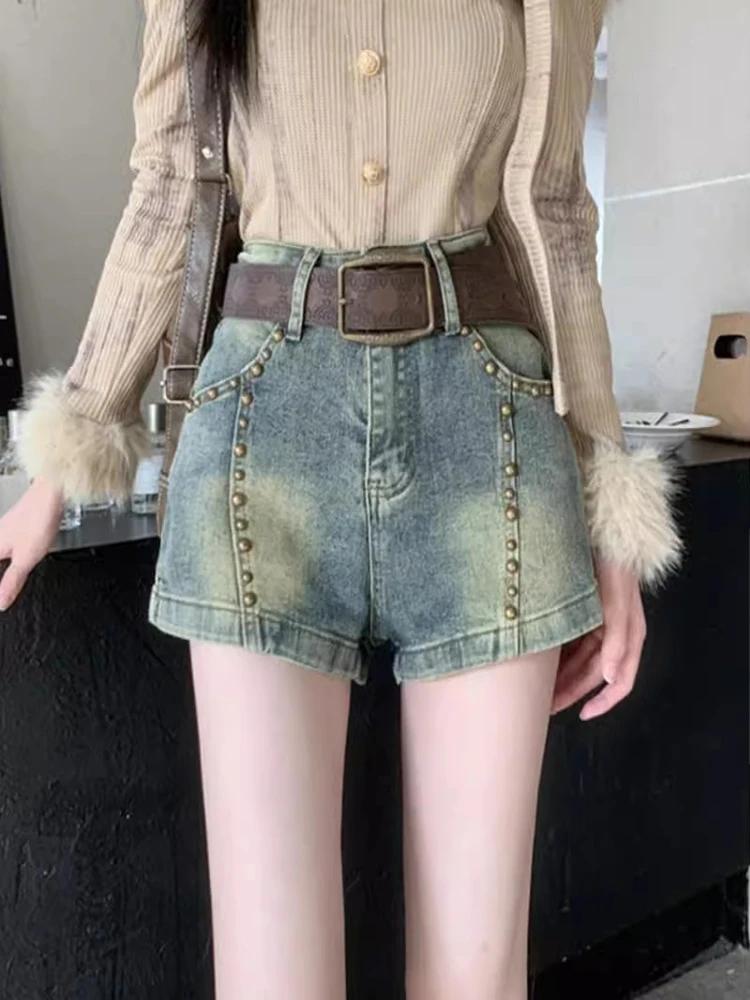New Women Summer Rivet Denim Shorts Fashion High Waist Hip Wrap A-Line Jeans Shorts Vintage Casual All-match Mini Shorts