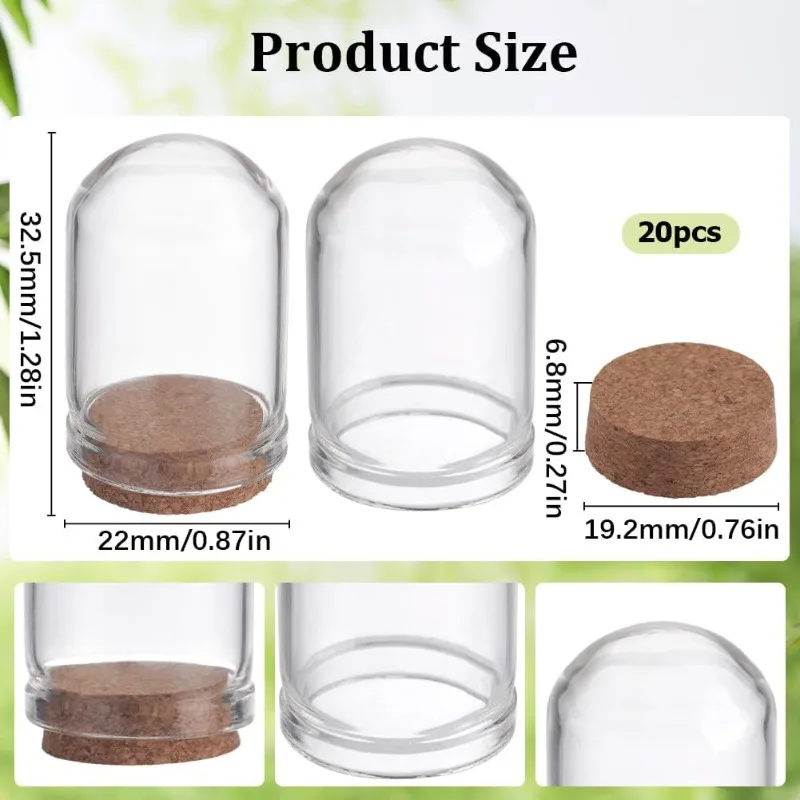 20Pcs Cloche Bell Jar 8mL Glass Display Dome Cork Base 1.28 inch Small Bottles Mini Bottles Dome Decorative Jars