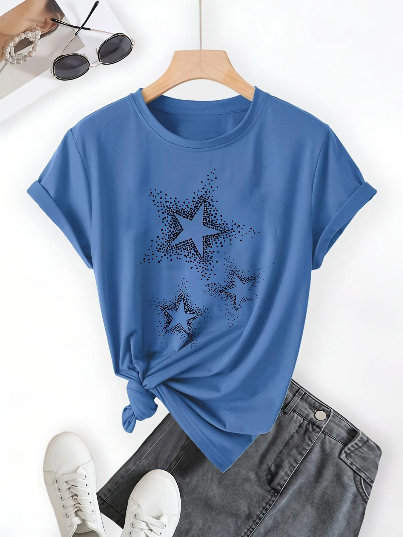 Women's Casual Short Sleeve T-Shirt - Black with White Star Print Round Neck Top for Spring & Summer Machine Washable 4