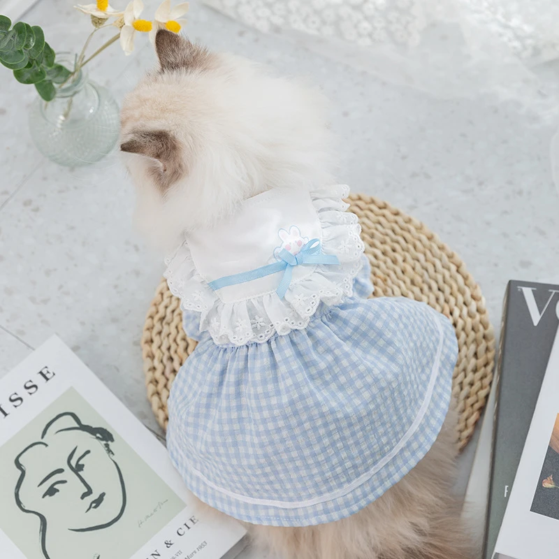 

Light Yellow Pet Dog Clothes Lace Collar Spring Summer Fancy Dresses for Cats Lattice Short Sleeve Puppy Girl York Dog Clothing