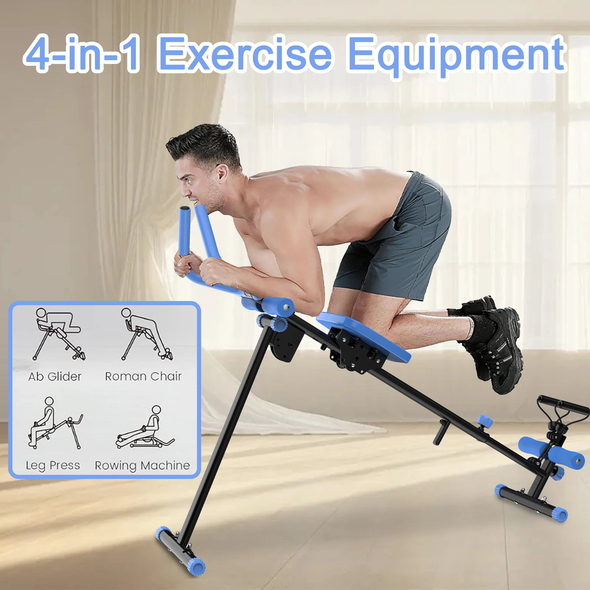 4-in-1 Ab Exercise Equipment - Rowing Machine, Leg Press Machine, Ab Glider Machine, Roman Chair, Fitness Workout Equipment for 3