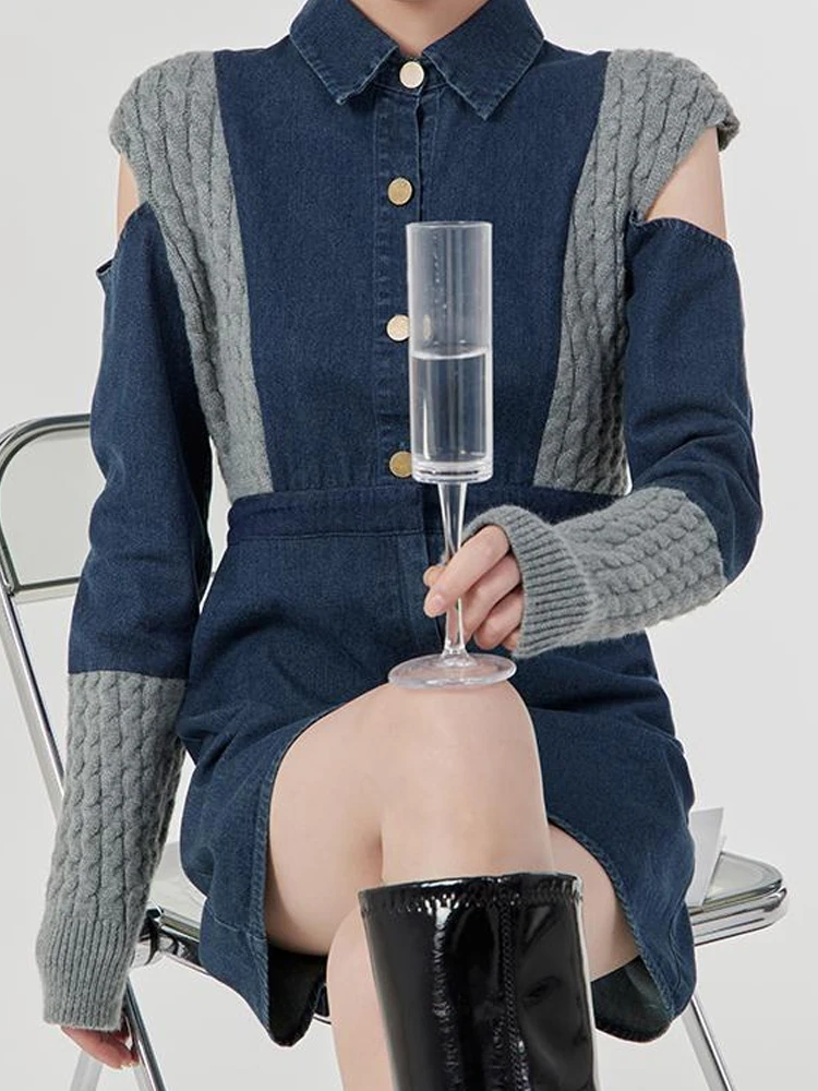 

Autumn Spring Denim Splice Knitted Off Shoulder Dress Trendy Women Sexy Traf Womens Dresses Female Dress Woman Clothing