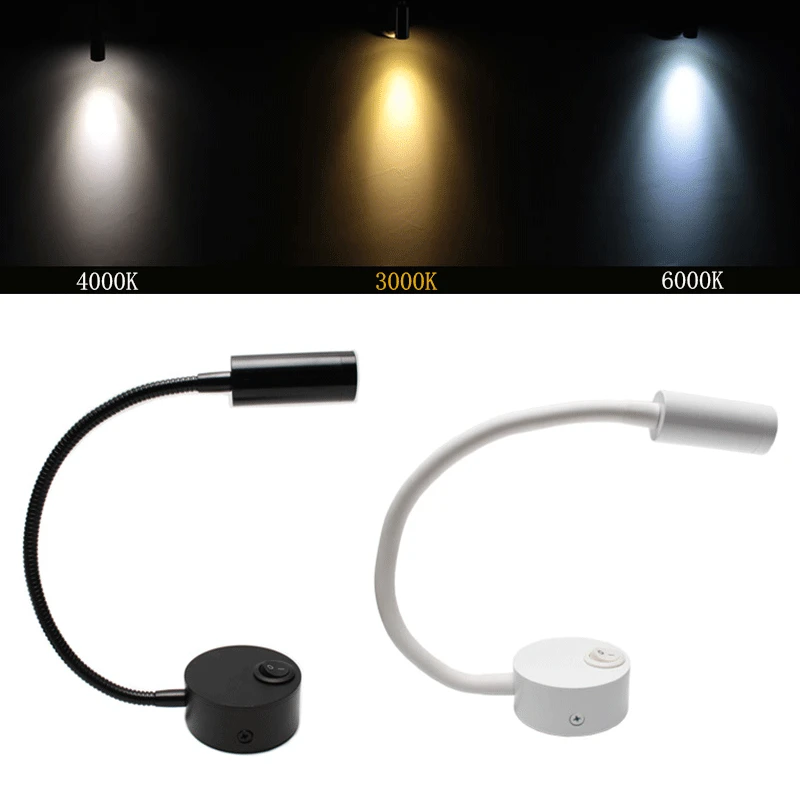 Bedside Reading Lamp Variable bending 3W LED Book Lamp Warm White wall Night light 90-260V fixtures Spot LED Cord led wall lamp
