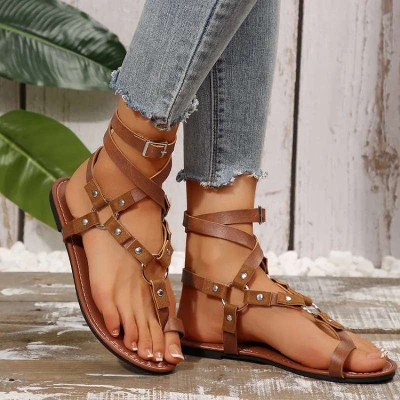 Rome Women 2026 Summer Hot Sale Women's Retro Ankle Buckle Rivet Flat Sandals British Style Plus Size Lady Shoes_vogvips.com
