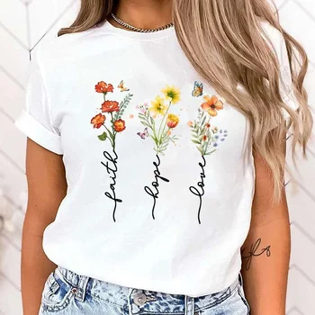 Women's Blouses Faith Hope Love Flower Letter Print T Shirt Women Summer Short Sleeve Fashion Summer Casual T-shirt 1