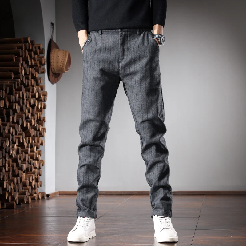 Autumn Striped Pants Men Korean Style Social Casual Gray Black Slim Fit Straight Suit Trousers