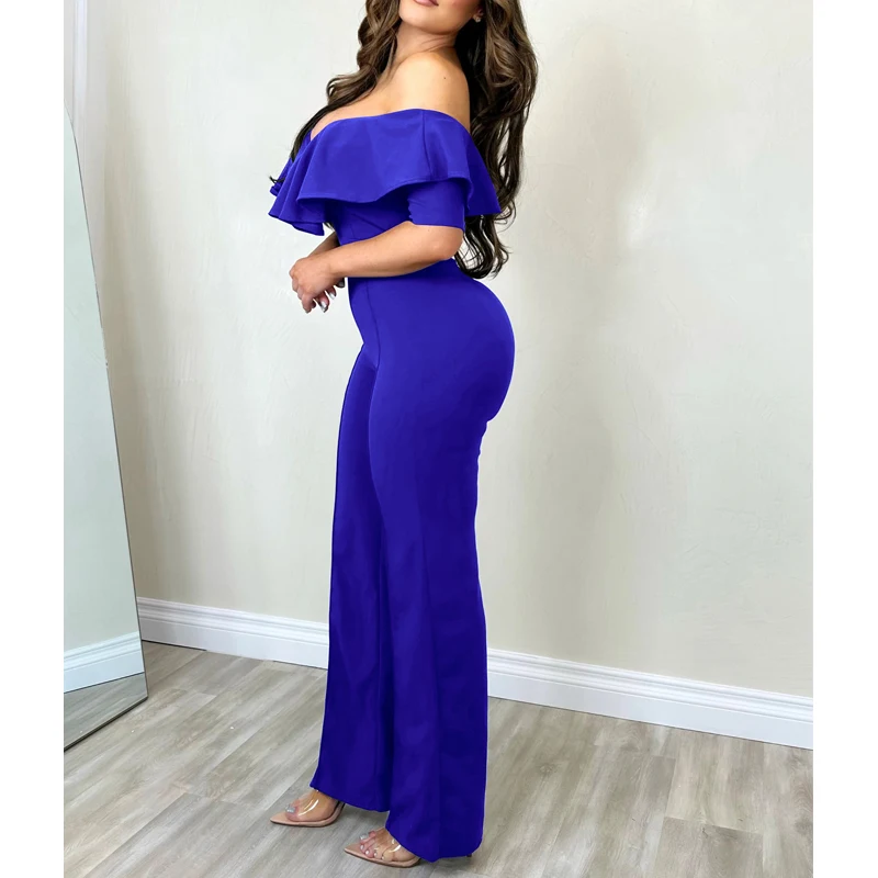 Women's Ruffle Sexy Deep V-neck Backless Elegant Party Jumpsuit Summer Fashion Solid Short Sleeve Slim Rompers High Waist Pants