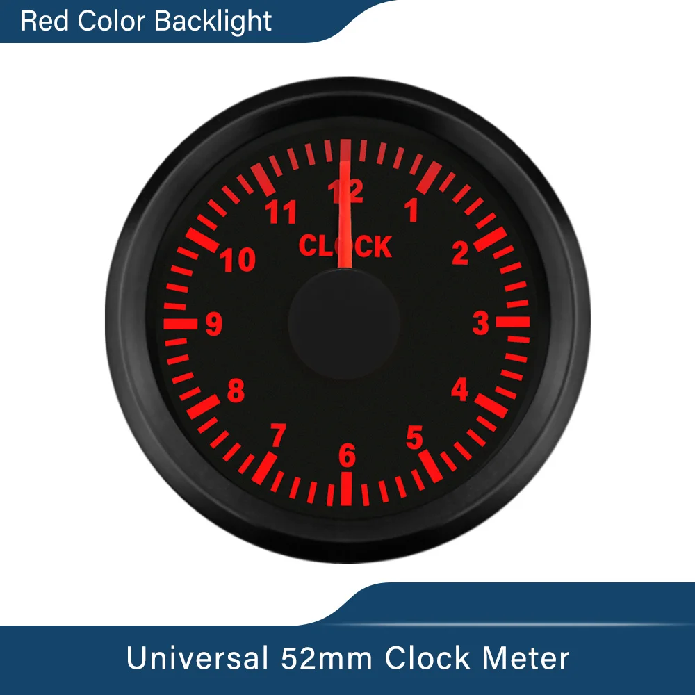 Jauge Horloge Format 12 Heures - Diamètre 52 Mm - Rétroéclairage Rouge - Étanche IP67 - 12V/24V Pour Voiture, Bateau