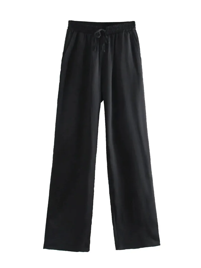 Women Loose Wide Leg Pants Chic Fashion Side Pockets Vintage High Elastic Waist Drawstring Female Trousers Mujer 2023