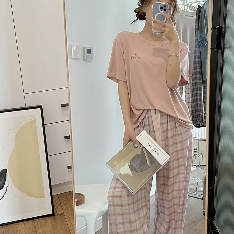 

Summer Short Sleeve Japanese Pyjamas Soft Modal Pajama Sets Women Sleepwear Plaid Nightgown Loose Casual Home Clothes