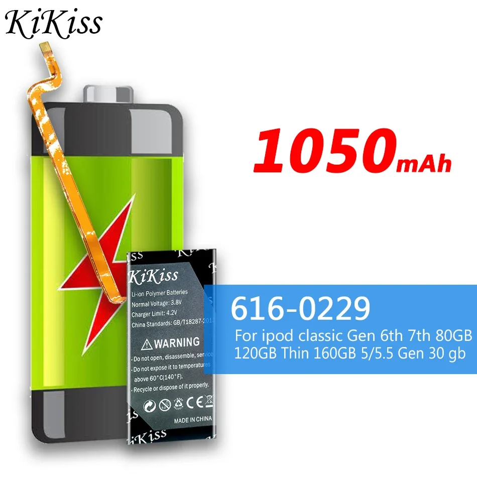 Batteria Kikiss Da 1050Mah Per Ipod Classic Gen 6Th 7Th 80Gb 120Gb Sottile Batteria Da 160Gb Per Ipod Thin 5Th 5/5.5 Gen 30 Gb 616-0229
