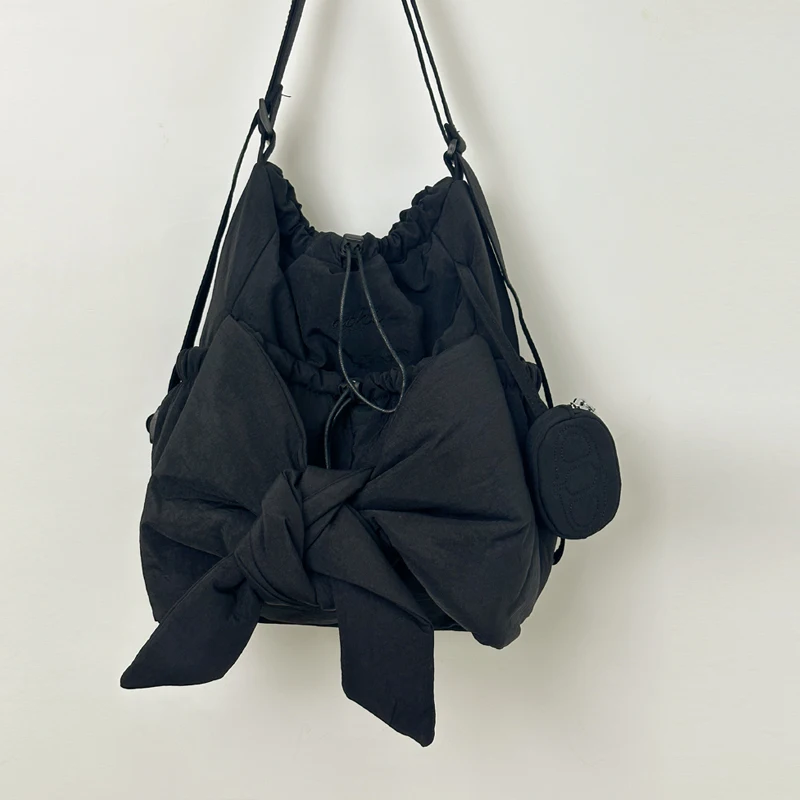 Women Simple Shoulder Bag Large Capacity Bow Drawstring Backpack Solid Color Daily Tote Handbag Ladies Travel Backpack