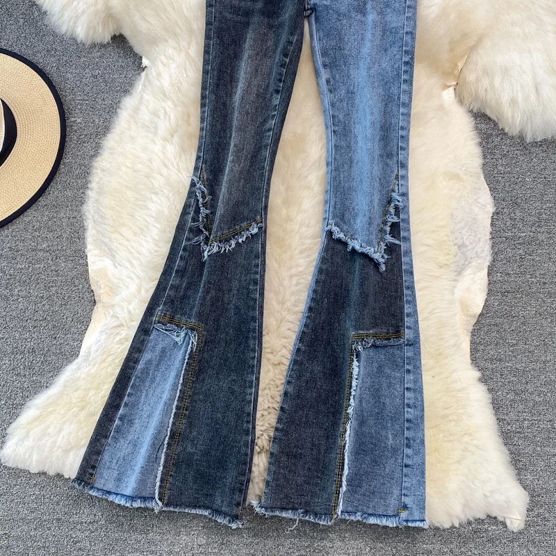 Clothland Retro Patchwork Flare Jeans Zipper Fly Side Pockets Trumpet Shape Spliced Chic Trousers Pants KA123 white jeans