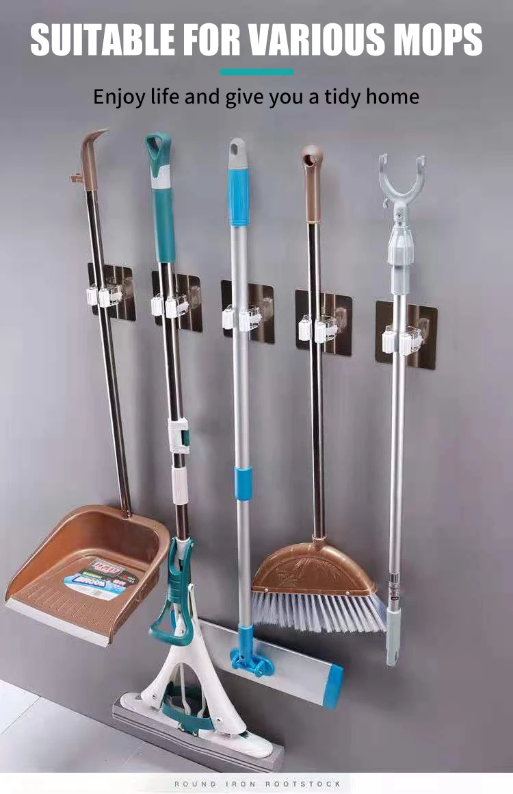 Description Picture 2 of itemMulti-Purpose Hooks Punch-free Mop Holder Bathroom Shelf Wall-Mounted Mop Broom Hanger Self Adhesive Hooks Bathroom Storage
