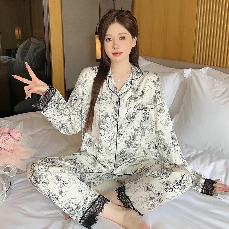 New summer short-sleeved trousers, pajamas, women's cardigans, long-sleeved flowers, satin fashion, thin loungewear