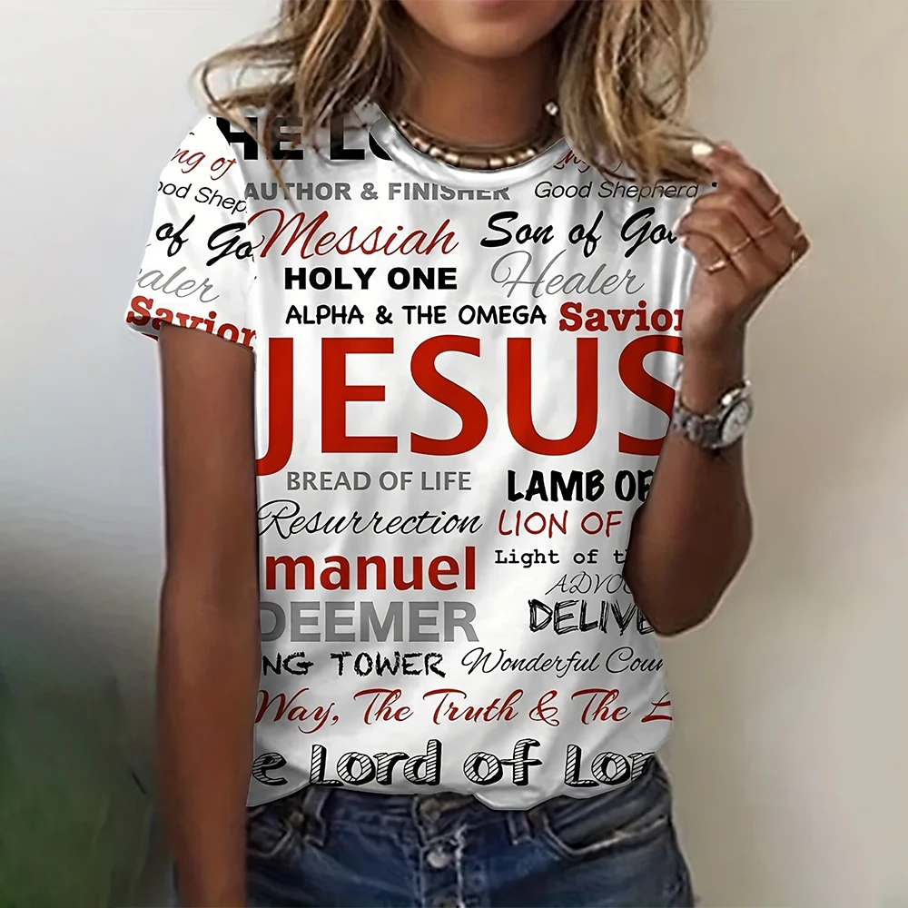 

Jesus Alphabet Print Women's T-shirts Summer Fashion Short Sleeves Tees Tops Loose Women Clothing Pullover Casual Streetwear