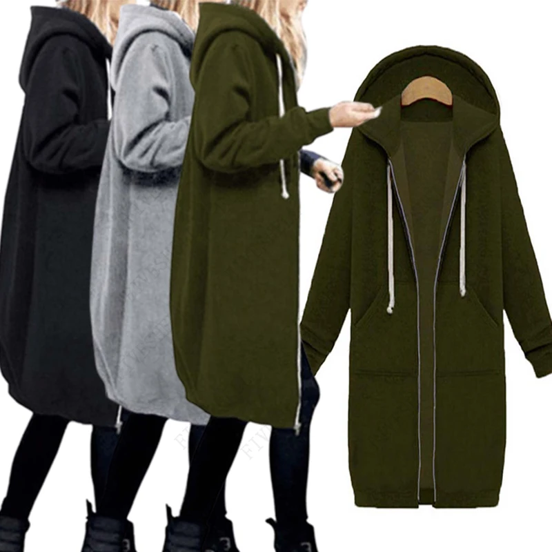 

Autumn Winter Casual Women Long Hoodies Sweatshirt Coat Zip Up Outerwears Hooded Jacket Winter Pockets Large Size Outwear Tops
