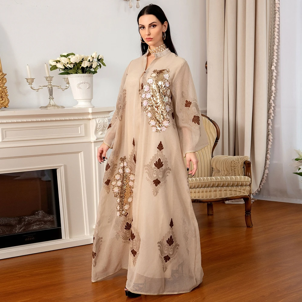 

Mesh Sequins Embroidered Abaya Dress for Women Winter 2021 Middle East Arab Oman Dubai Muslim Moroccan Caftan Party Clothes Eid