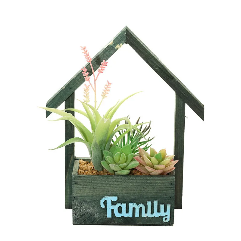 

Artificial Succulent Plants Bonsai Family House Shaped Wooden Pot Simulated Green Plant Home Wall Decor