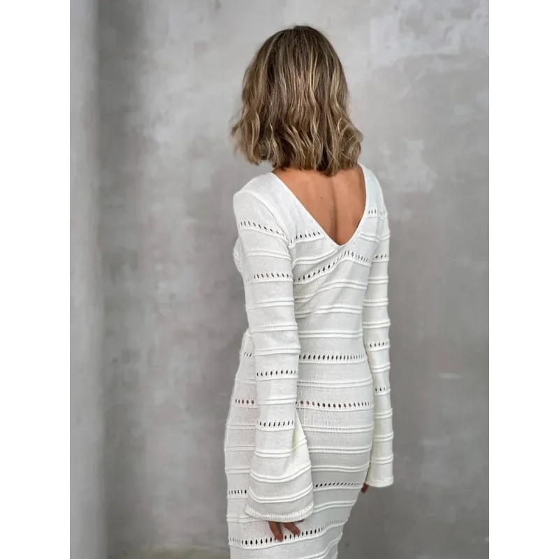 Striped Hollow Two-Wear Knitted Long Dress For Women Fashion Party Club Sweater Dress Vestido FemaleSlim Solid Outfits