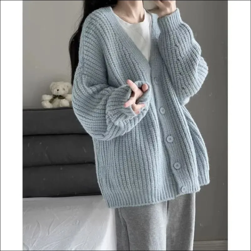 

Women Cardigan Thickened V-neck Sweater Loose Long Sleeve Knitted Coat Antumn and Winter Vintage Korean Style Clothes Knitwears