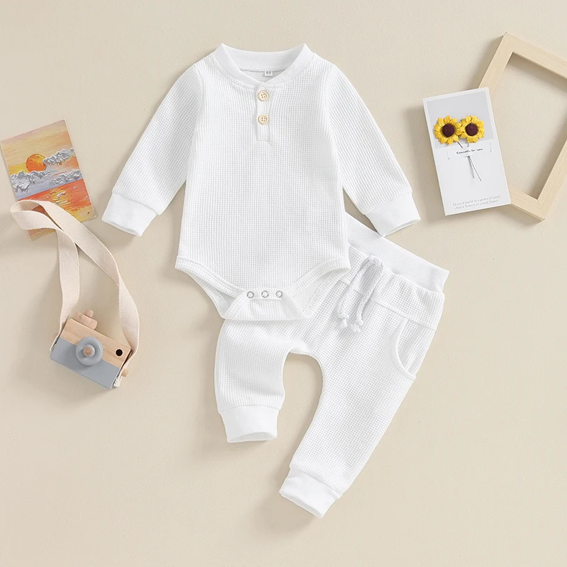 

Infant Baby Boy Waffle Jumpsuit Outfits Solid Color Long Sleeve Romper with Elastic Waist Pants