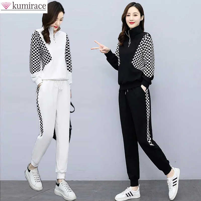 2022 Spring New Outdoor Sports Plaid Jacket Set Elegant Female Top Pants Two Piece Set Women's Tracksuit Trouser Suit new summer camouflage tees shorts suits men s t shirt shorts tracksuit sport style outdoor camping hunting casual mens clothes