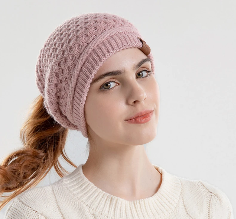 Cappello lavorato a maglia allentato e caldo con coda di cavallo da donna nuova con berretto in tinta unita con foro, protezione per le orecchie comoda per la casa all'aperto_voghion.com