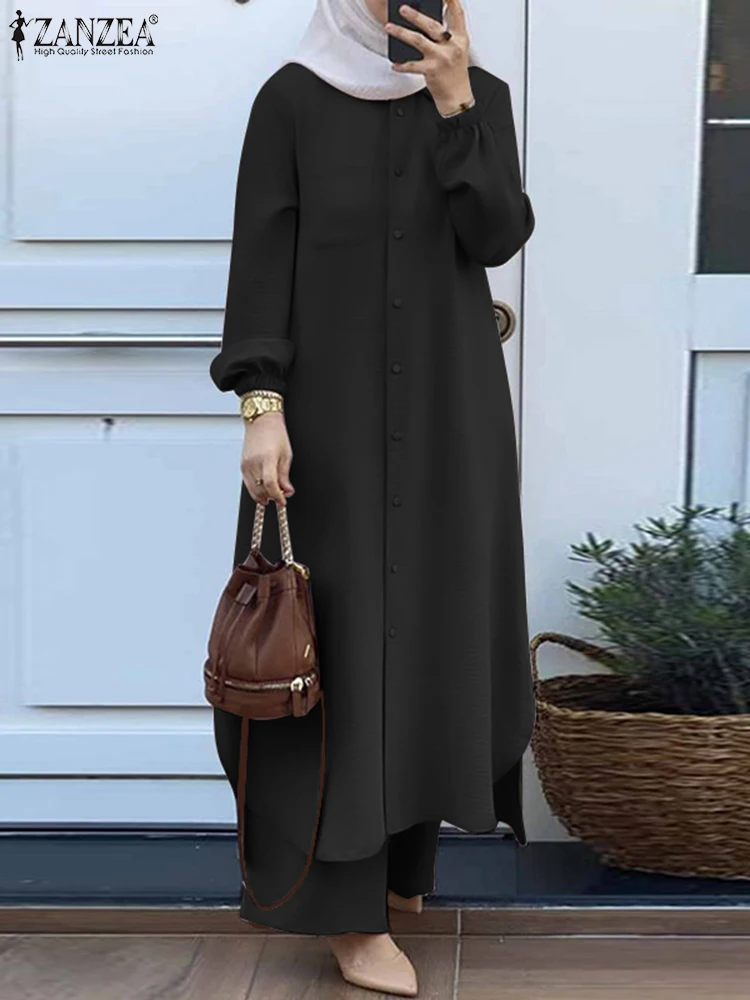 Muslim Sets ZANZEA Vintage Muslim Suit Lapel Neck Long Sleeve Blouse Pant
