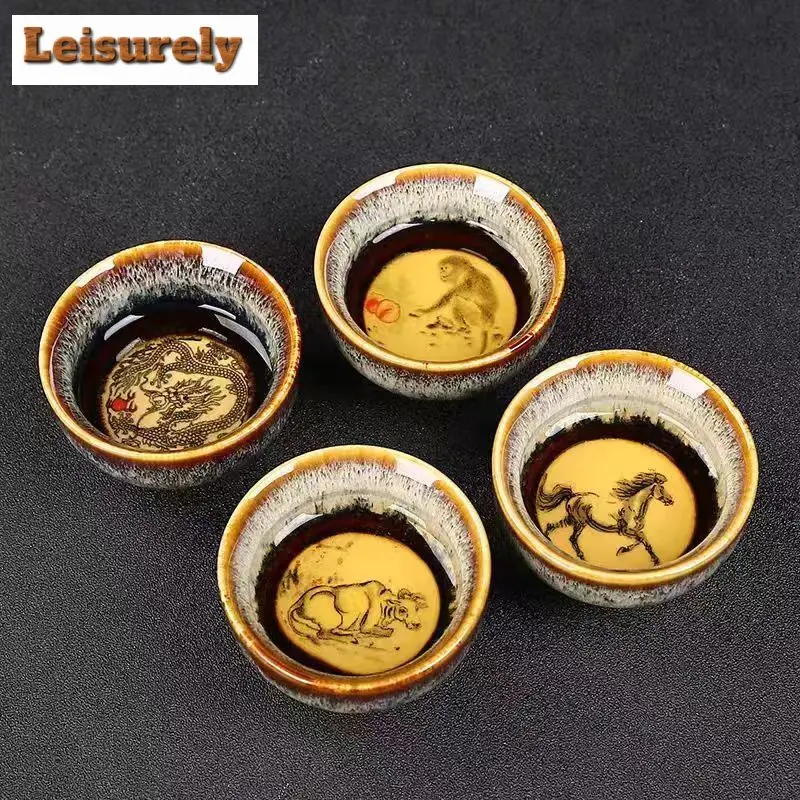 Retro Kiln Transformation Ceramic Teacup Zodiac Jianzhan Coffee Cup Household Water Bowl Crude Pottery Tea Bowl Drinkware 65ml