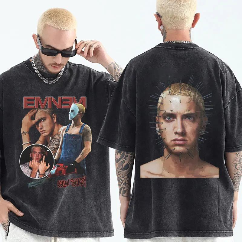 

Rapper Eminem Double-sided Print Vintage Wash T-shirts Short Sleeve Summer 100% Cotton Washable T-shirt Fashion Oversized Tees