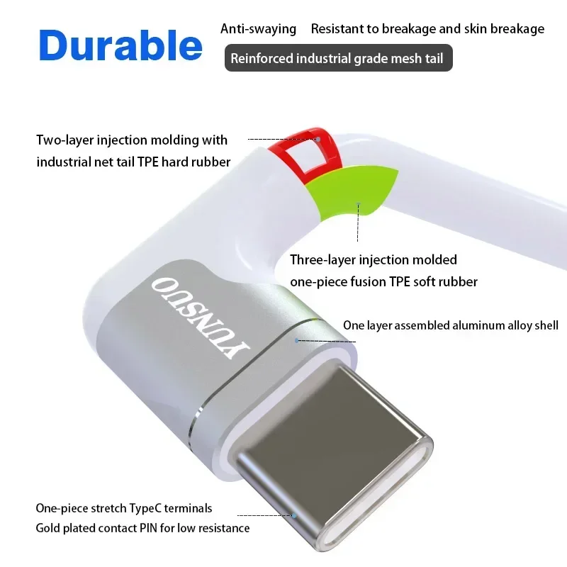 USB-Elbow Type-C 7A 65W 80W Oppo Vivo 휴대폰용 초장거리 데이터 동기화 고속 충전 케이블 확장 10cm 1m 2m 3m 4m 5m 8m 10m