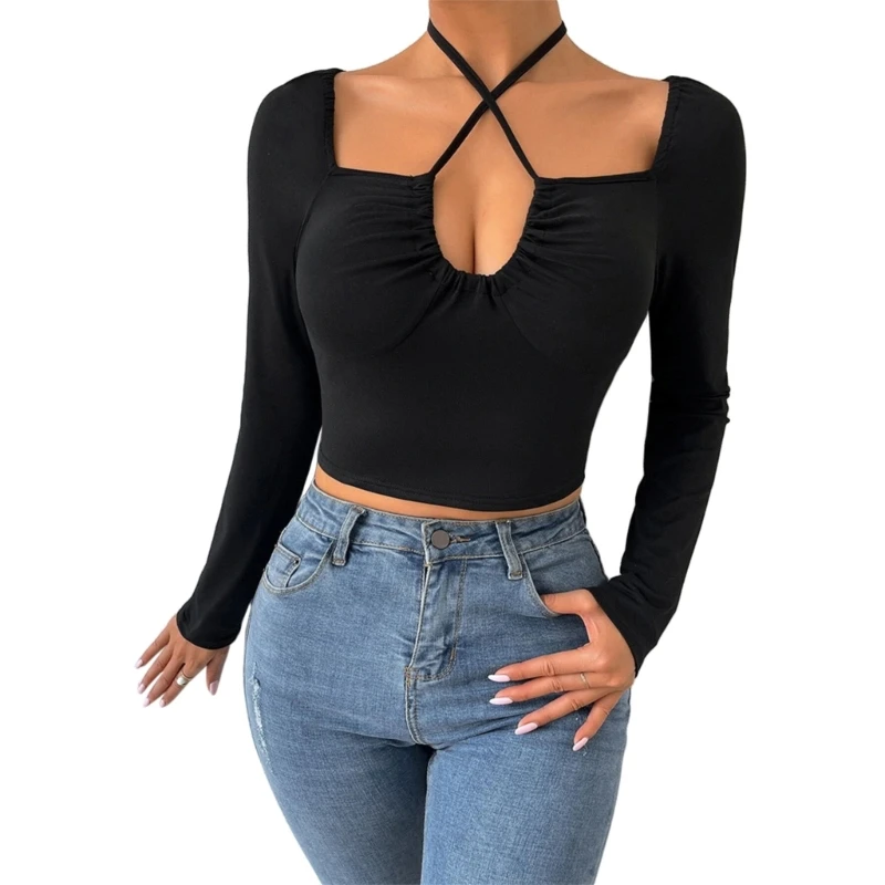 

Elegant Halter Design Shirt for Woman Ladies Shopping Camping Long Sleeve Shirt P8DB