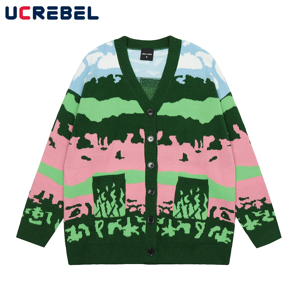 

Color Block Loose Knitted Sweater Mens Autumn Casual V-neck Dopamine Clothes Men Pocket Cardigan Outerwear