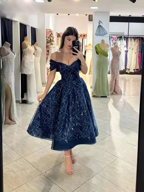 Hombros Descubiertos Vestidos Cortos De Fiesta Azul Marino Vestido