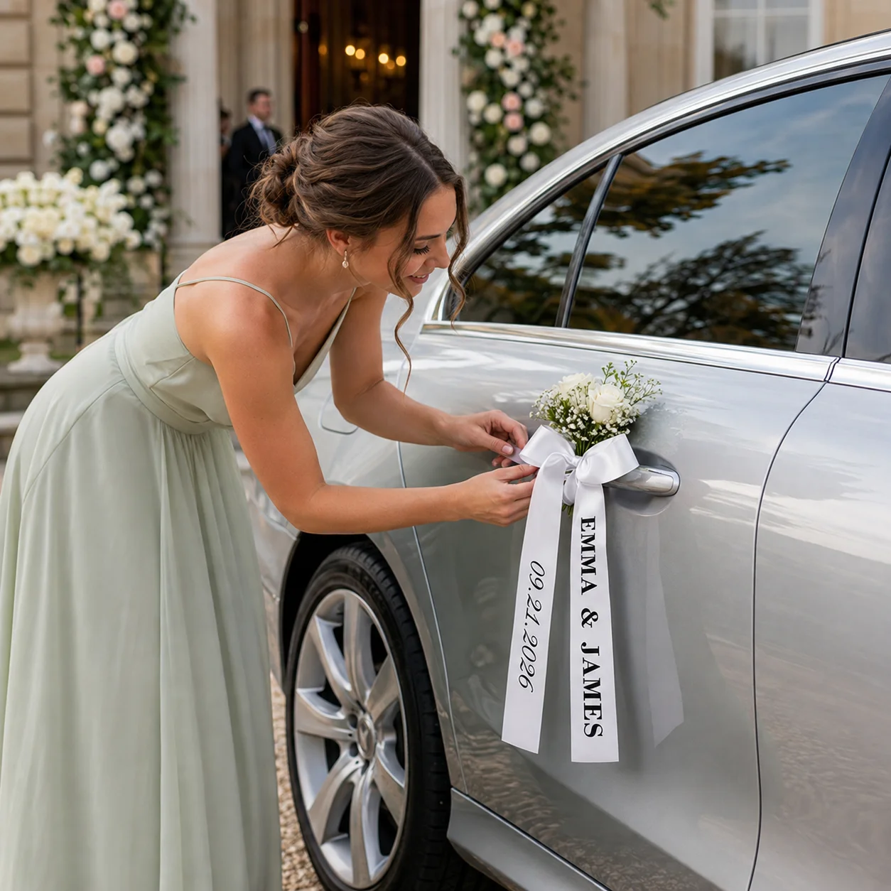 Personalized Wedding Car Ribbon with Custom Text – Elegant Satin Bow Tails for Bridal Decor and Gifts