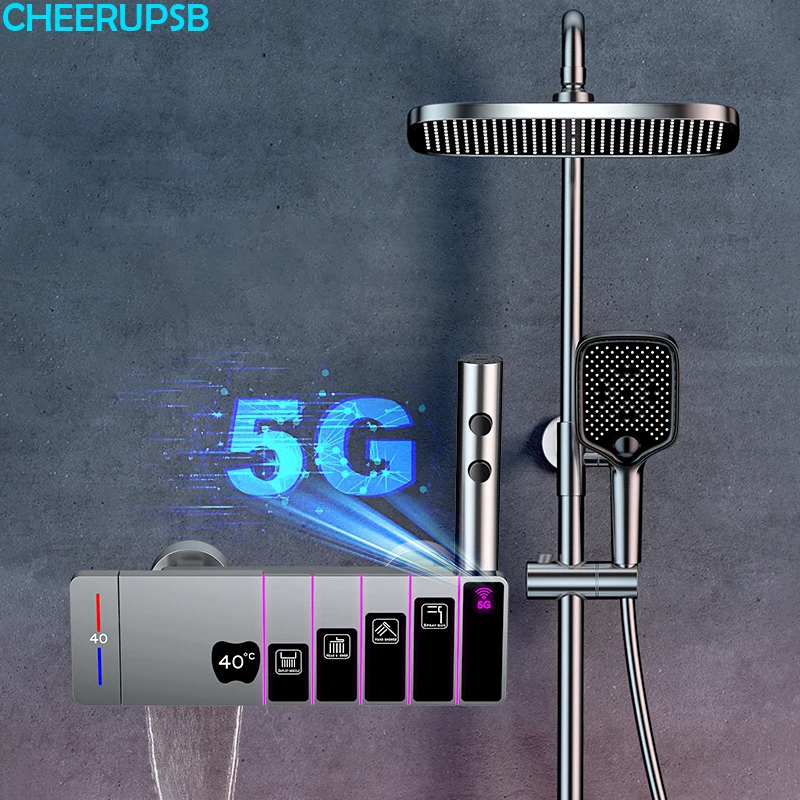 LED Digital Bath Rain Shower Faucet Bathroom Hot Cold Thermostatic Mixer Shower System Bathtub Wall Mount SPA Rainfall Taps Set