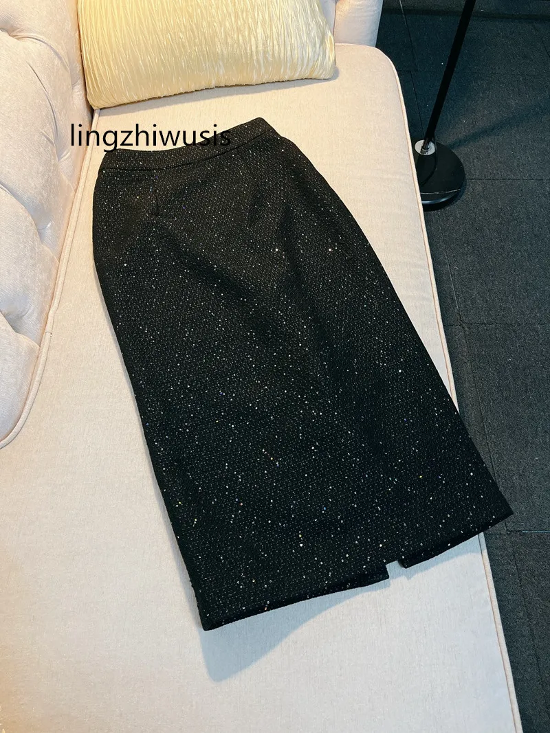 

Женская твидовая юбка с блестками, черная длинная юбка в винтажном французском стиле, элегантная юбка в стиле Хепберн, Новое поступление